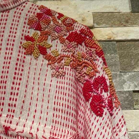 Johnny Was S Embroidered Beaded Top | Red Boho Tunic Peasant Blouse + Pockets - Picture 4 of 12